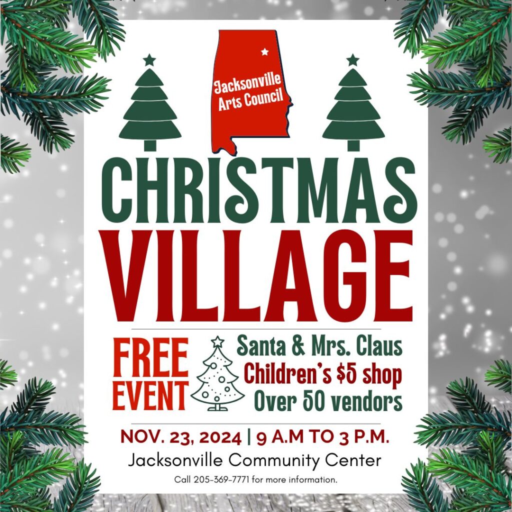 Christmas trees surround a flyer that reads Christmas Village Free Event Santa & Mrs Claus, Chidlren's $5 shop, over 50 vendors